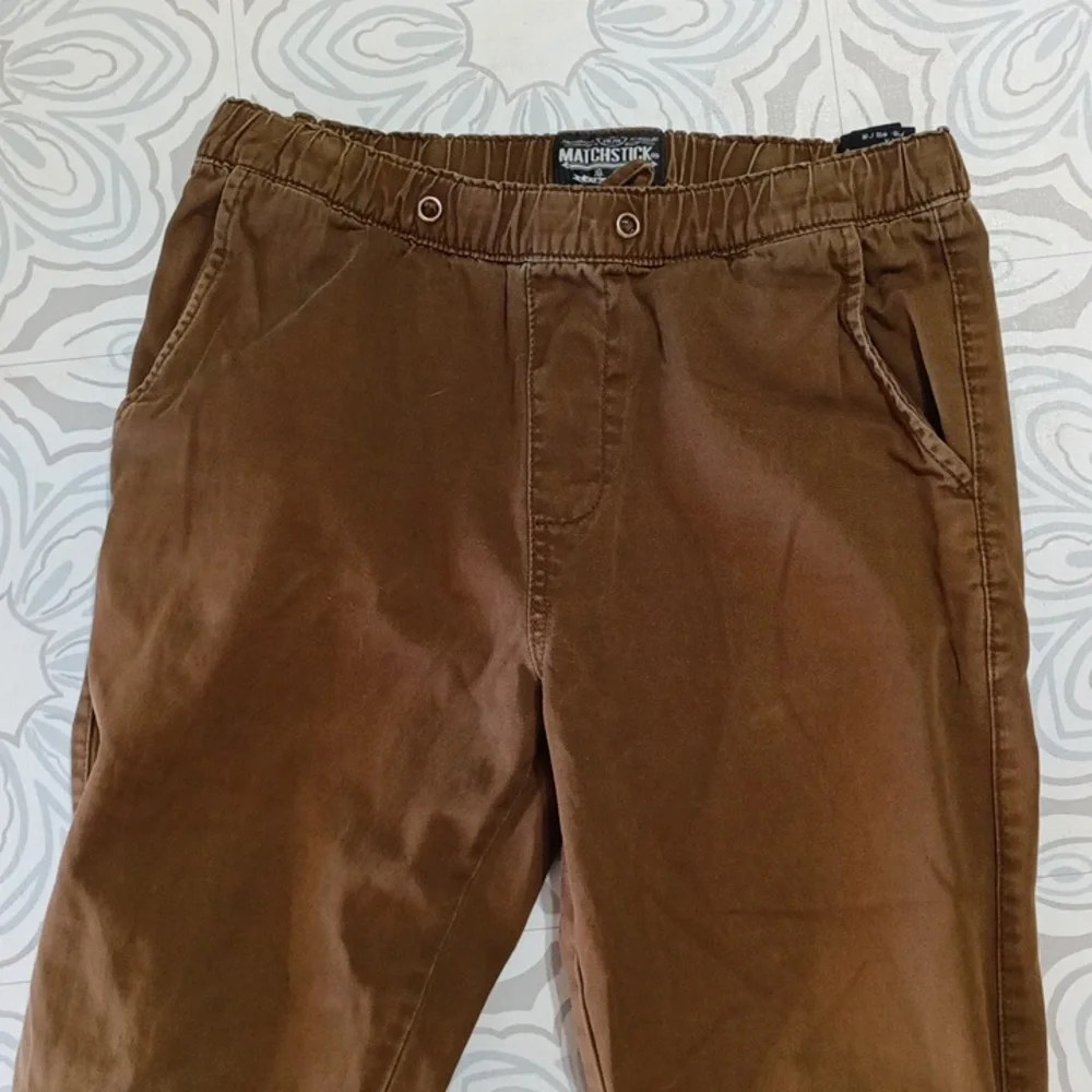 Mens Pants Brown green shade sz 30 Sm med stretch waist cuff Athletic lounge b62